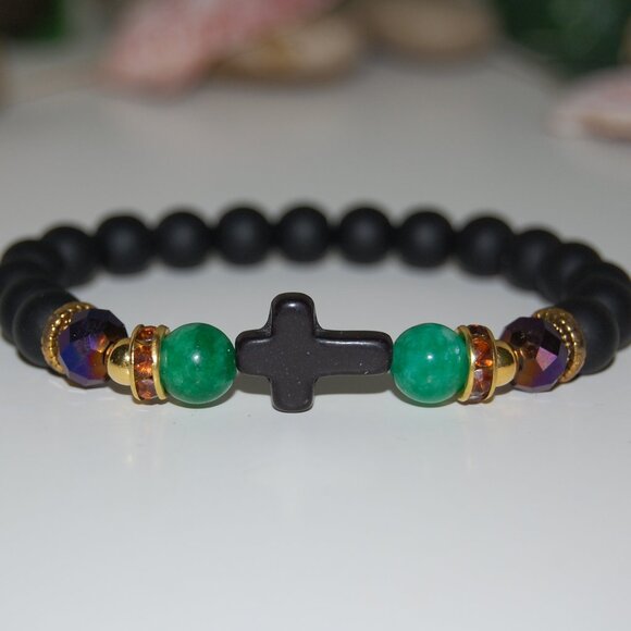 Cross Bracelet,Onyx Bracelet,Cross Onyx Stone Beads Bracelet,Onyx & Colorful Bea - Picture 1 of 3